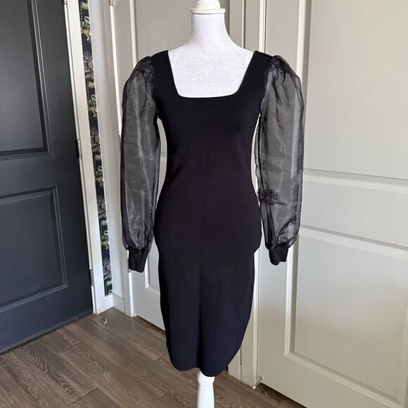 House of Harlow 1960 Black Knit Bodycon Dress with Organza Sleeves Size XS - Picture 1 of 7